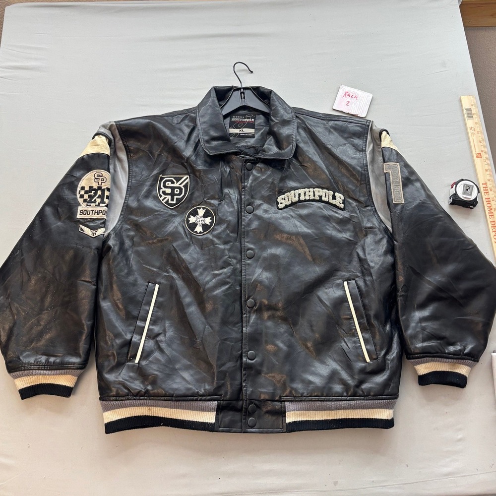Southpole Authentic Collection Black Varsity Jacket Faux Leather Patches XL